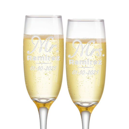 Custom Engraved Champagne Flutes | Mr and Mrs Design | Set of 2
