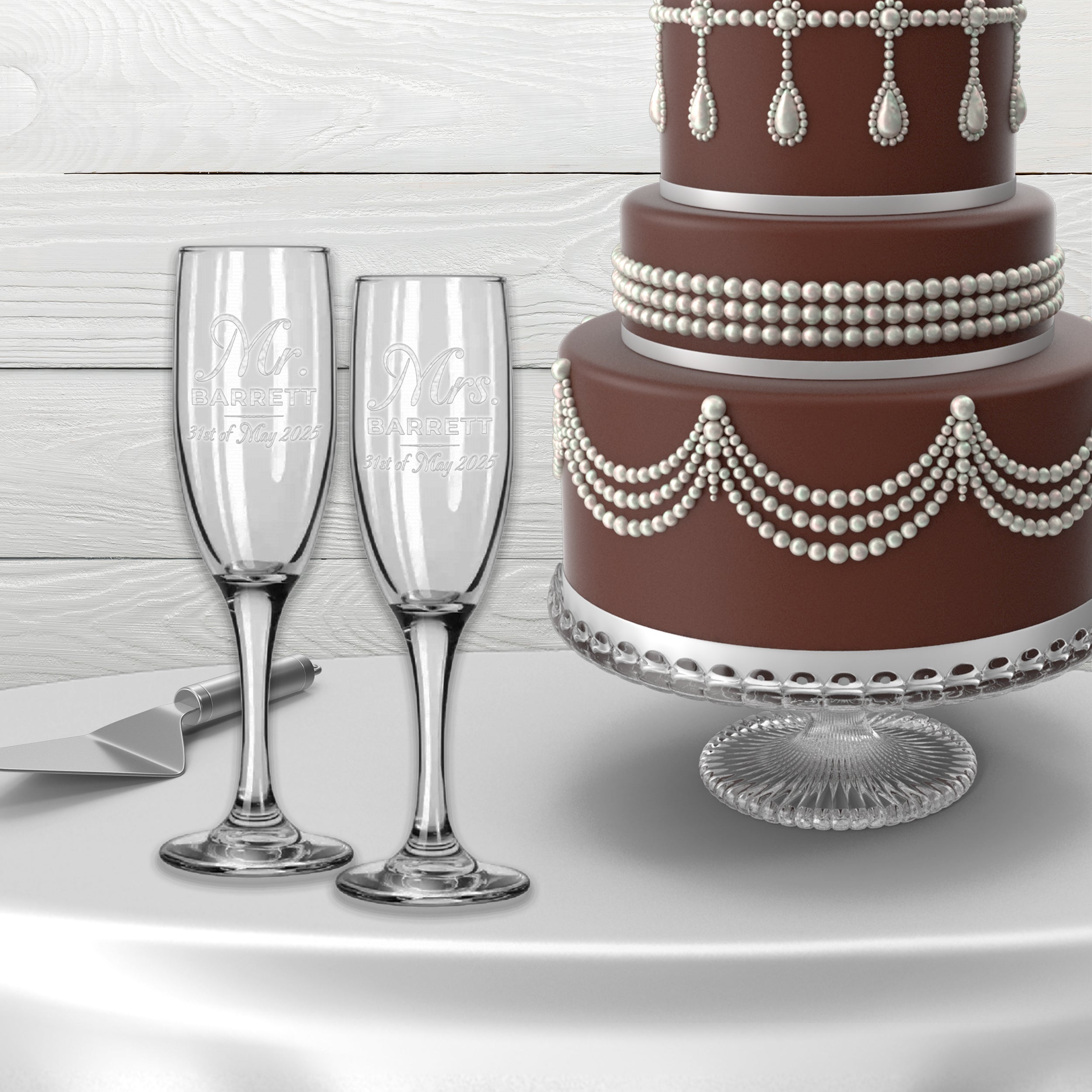 Custom Engraved Champagne Flutes | Mr and Mrs Design | Set of 2