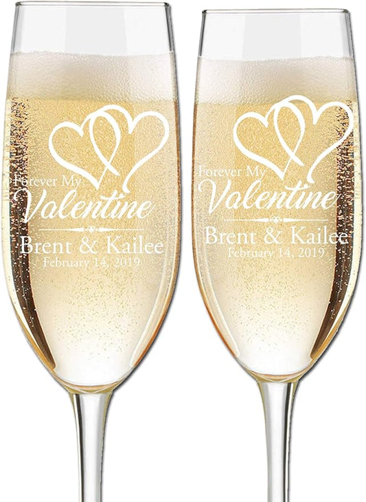Valentine's Day Engraved Champagne Flutes - Set of 2 - Couples Name and Date – Personalized for Valentine's Day - Custom Engraved